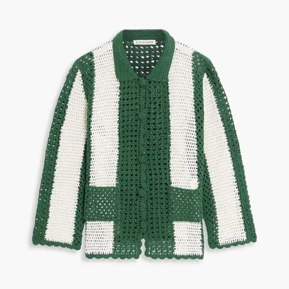 Alexa Chung Crochet Green White Bowling Stripe Jacket Top - size L - Bode unique
